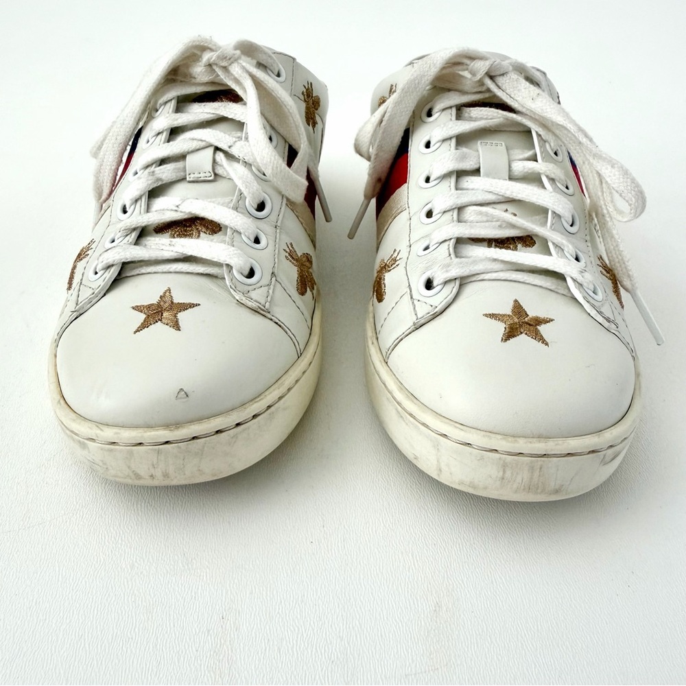 GUCCI || Ace White Leather Embroidered Bee Star Sneakers Collapsible Heel EU 36 - Picture 5 of 12